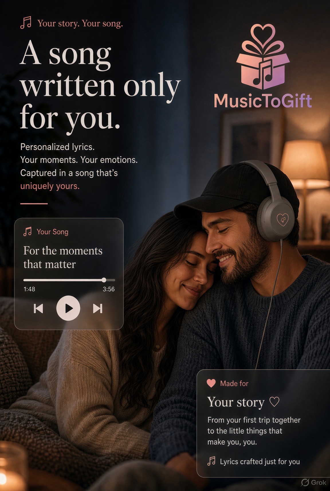 A song written only for you — Music To Gift. A couple sharing headphones, with a song player and a 'Made for your story' card.