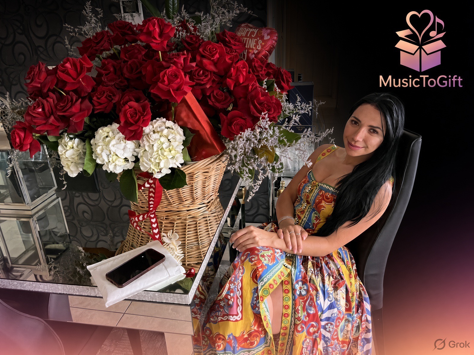 A woman smiling beside a basket of red roses — a Music To Gift Valentine's surprise